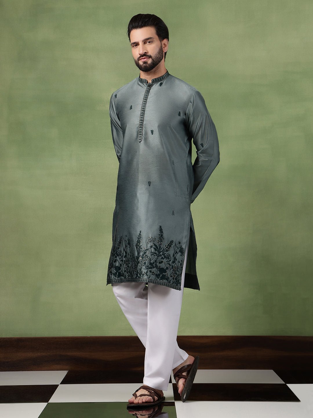 Men’s Jacquard Silk Embroidered Leaf Daman Green Kurta with Pyjama - Image 2