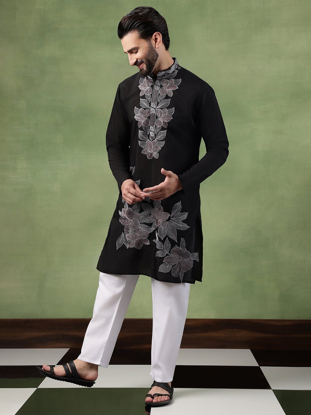Men's Cotton Intricated Neck & Side Floral Embroidered Black Kurta With Pyjama - Image 4