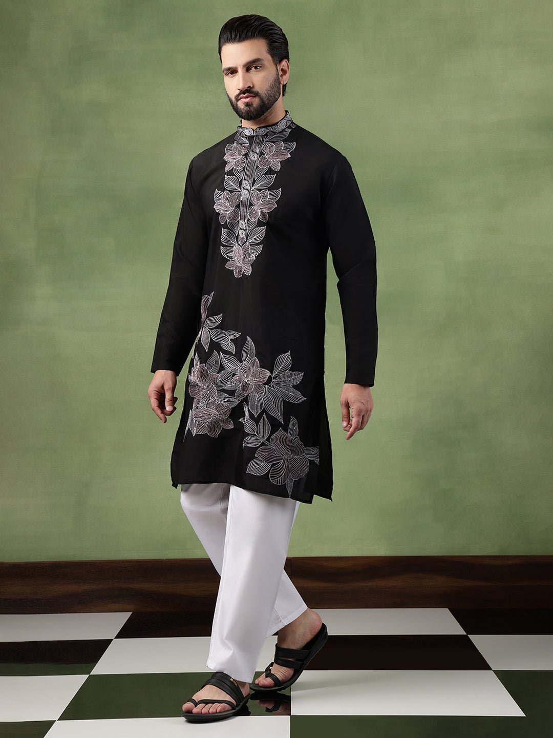 Men's Cotton Intricated Neck & Side Floral Embroidered Black Kurta With Pyjama