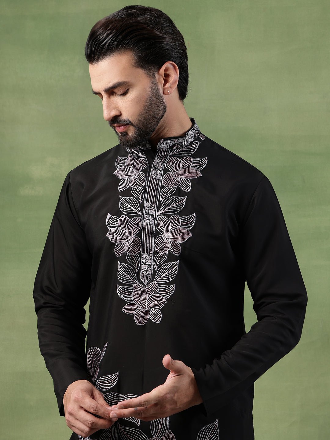 Men's Cotton Intricated Neck & Side Floral Embroidered Black Kurta With Pyjama - Image 6