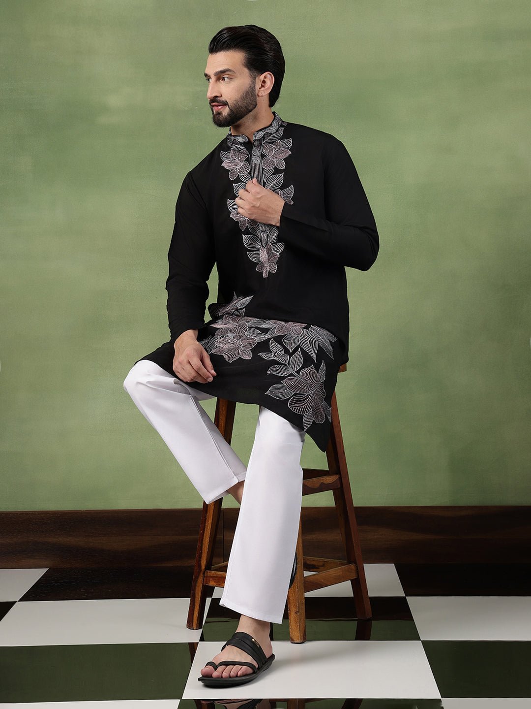 Men's Cotton Intricated Neck & Side Floral Embroidered Black Kurta With Pyjama - Image 3
