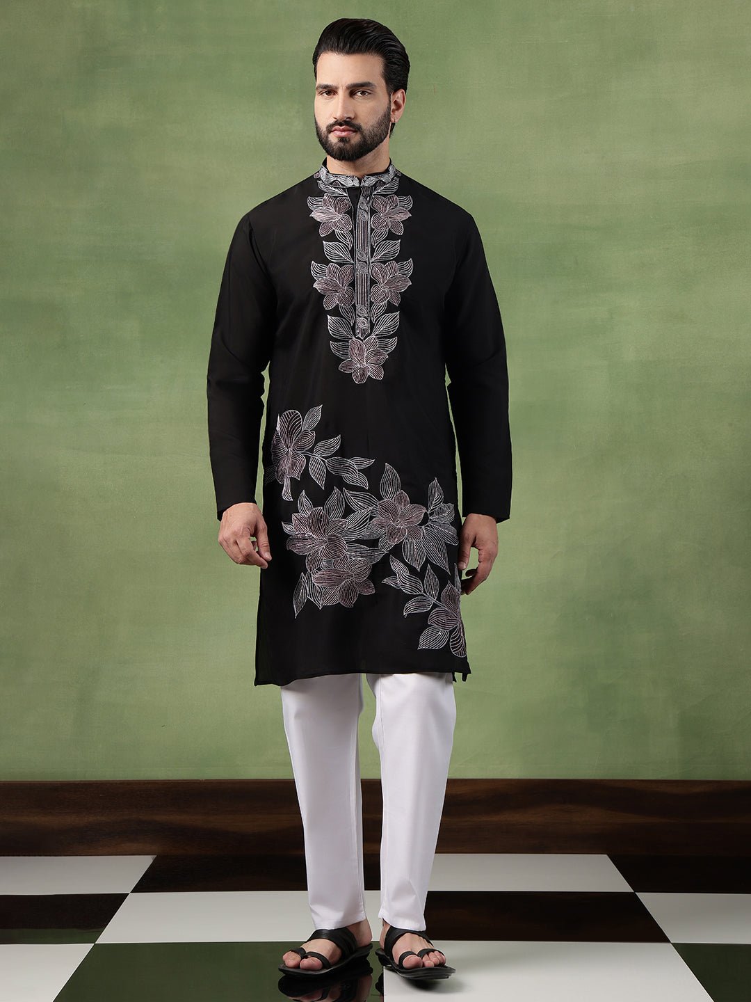 Men's Cotton Intricated Neck & Side Floral Embroidered Black Kurta With Pyjama - Image 2
