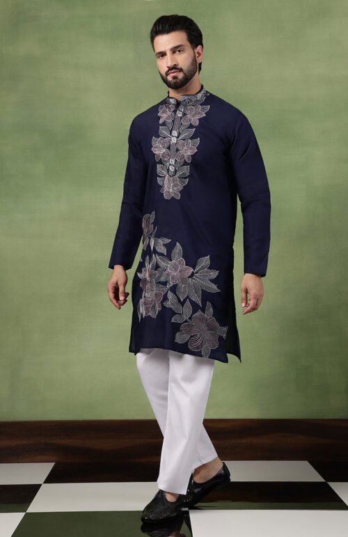 Men's Cotton Intricated Neck & Side Floral Embroidered Navy Kurta With Pyjama