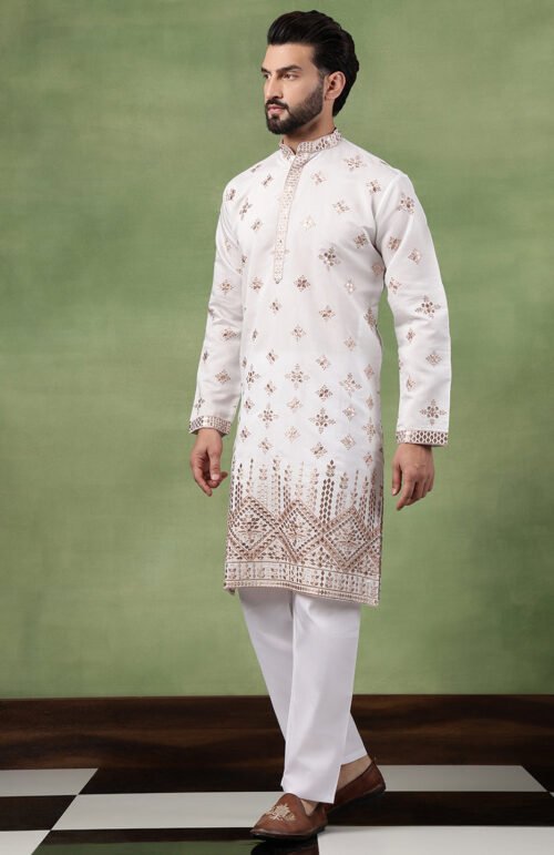 Men’s Cotton Mirror Hem Embroidered White Kurta with Pyjama