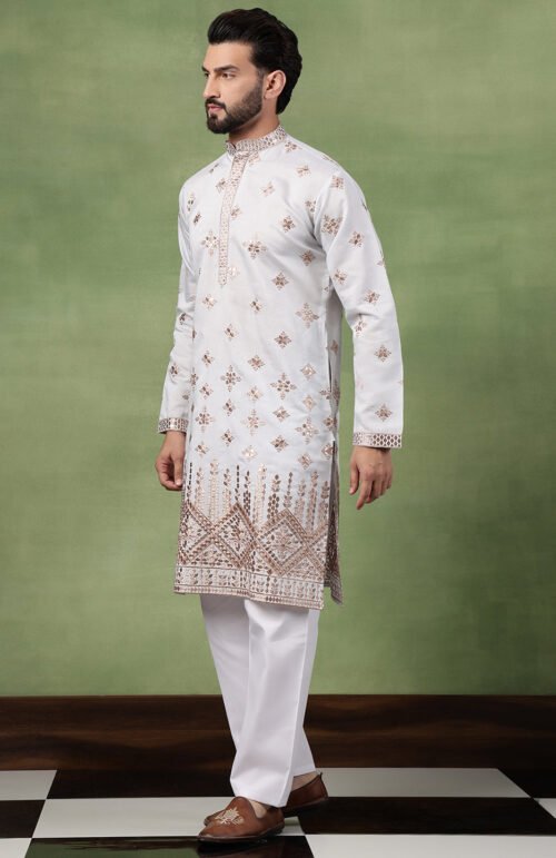 Men’s Cotton Mirror Hem Embroidered Sky Blue Kurta with Pyjama