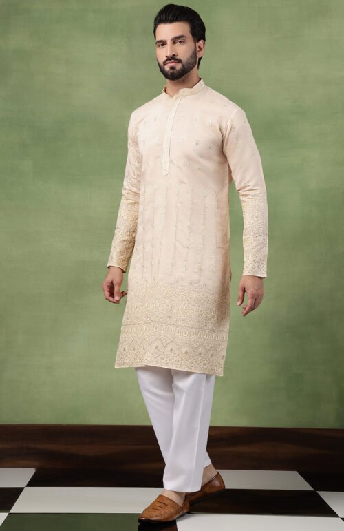 Men's Cotton Schiffli Embroidered Beige Kurta With Pyjama