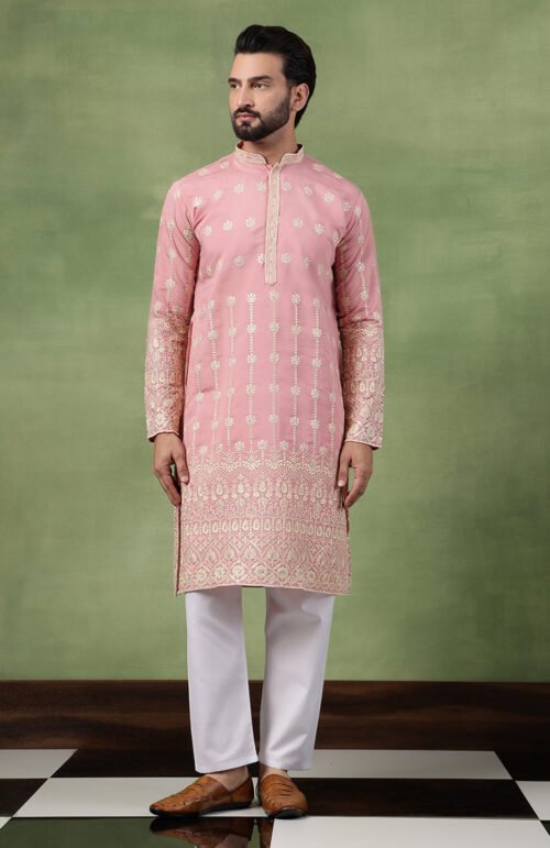 Men's Cotton Schiffli Embroidered Pink Kurta With Pyjama