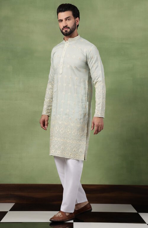 Men's Cotton Schiffli Embroidered Green Kurta With Pyjama