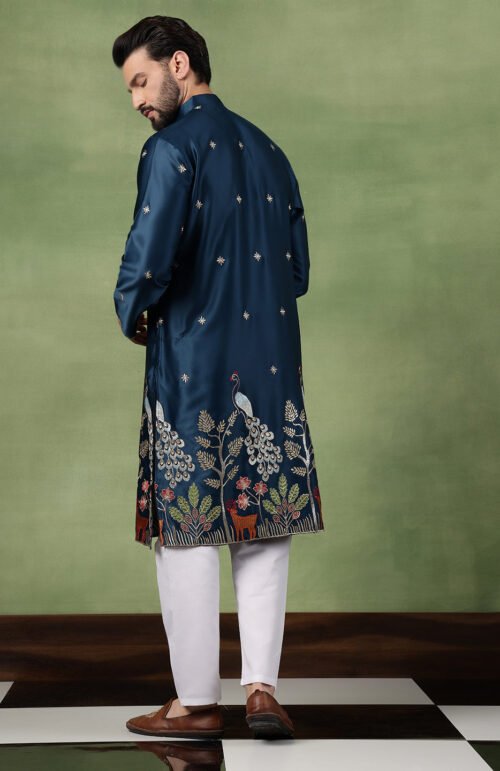 Men's Cotton Silk Flora & Fauna Embroidered Peacock Blue Kurta With Pyjama
