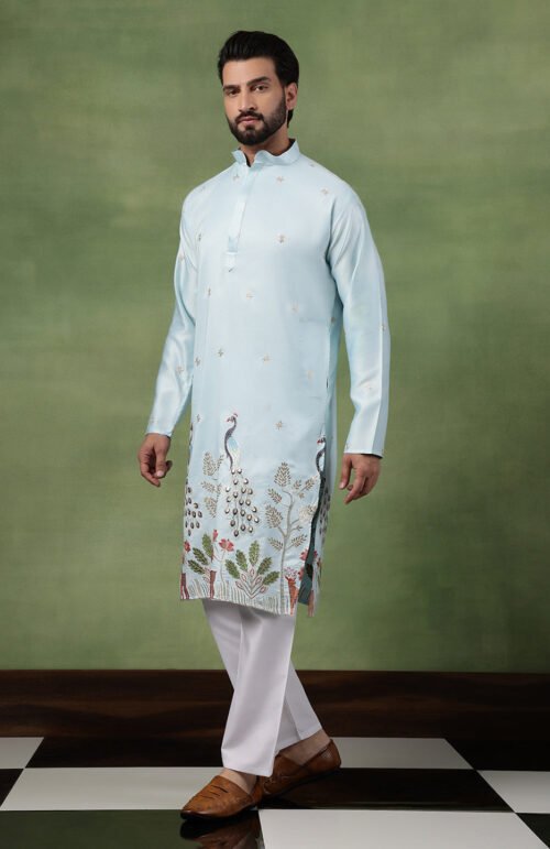 Men's Cotton Silk Flora & Fauna Embroidered Sky Blue Kurta With Pyjama