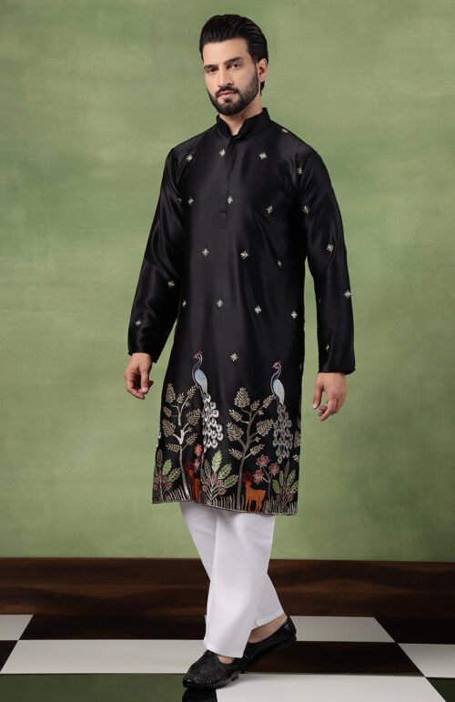 Men's Cotton Silk Flora & Fauna Embroidered Black Kurta With Pyjama