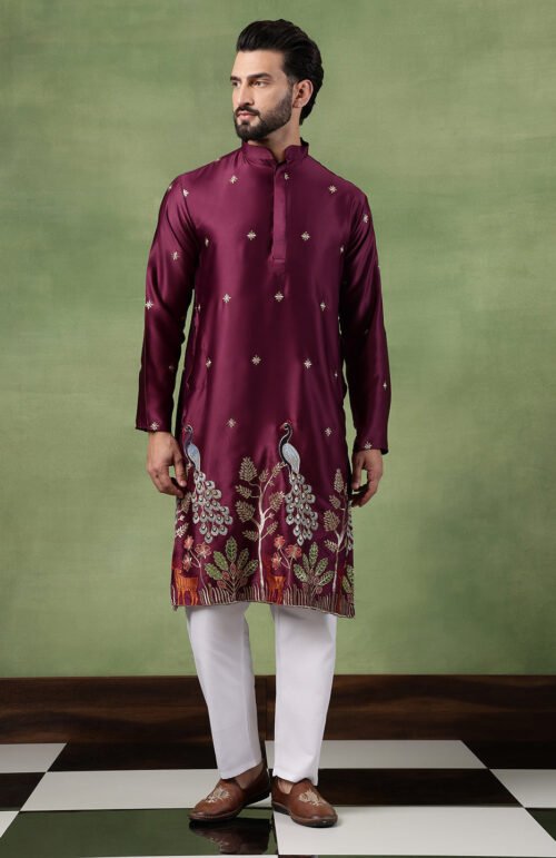Men's Cotton Silk Flora & Fauna Embroidered Wine Kurta With Pyjama