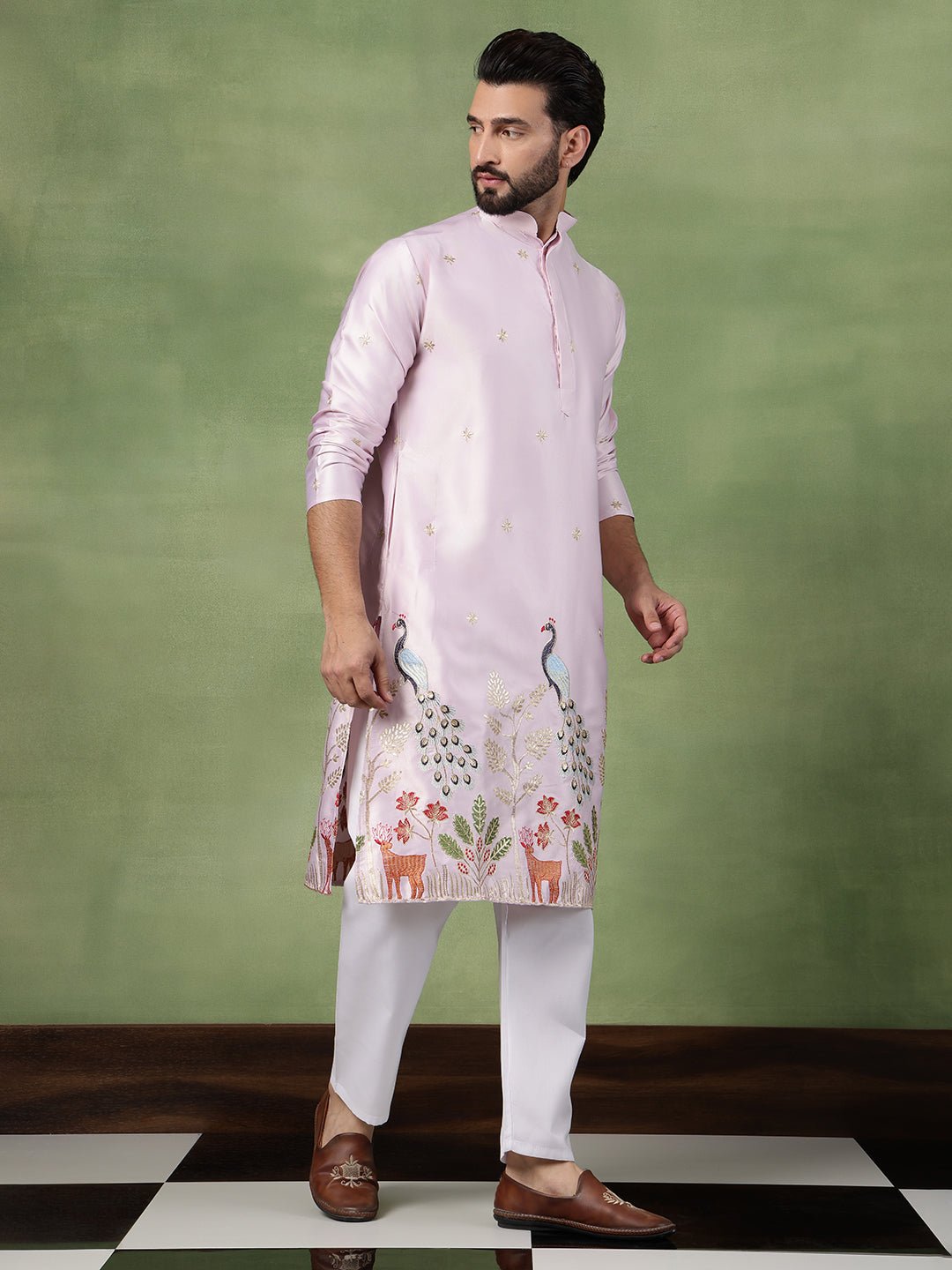 Men's Cotton Silk Flora & Fauna Embroidered Pink Kurta With Pyjama - Image 6