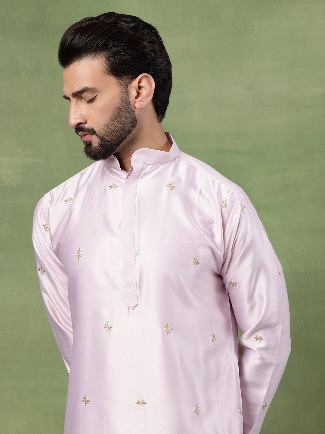 Men's Cotton Silk Flora & Fauna Embroidered Pink Kurta With Pyjama - Image 7