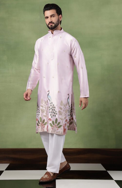 Men's Cotton Silk Flora & Fauna Embroidered Pink Kurta With Pyjama