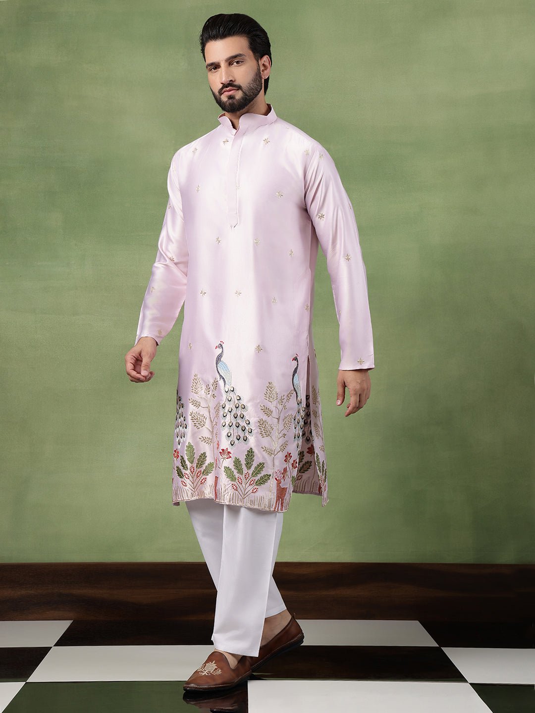 Men's Cotton Silk Flora & Fauna Embroidered Pink Kurta With Pyjama