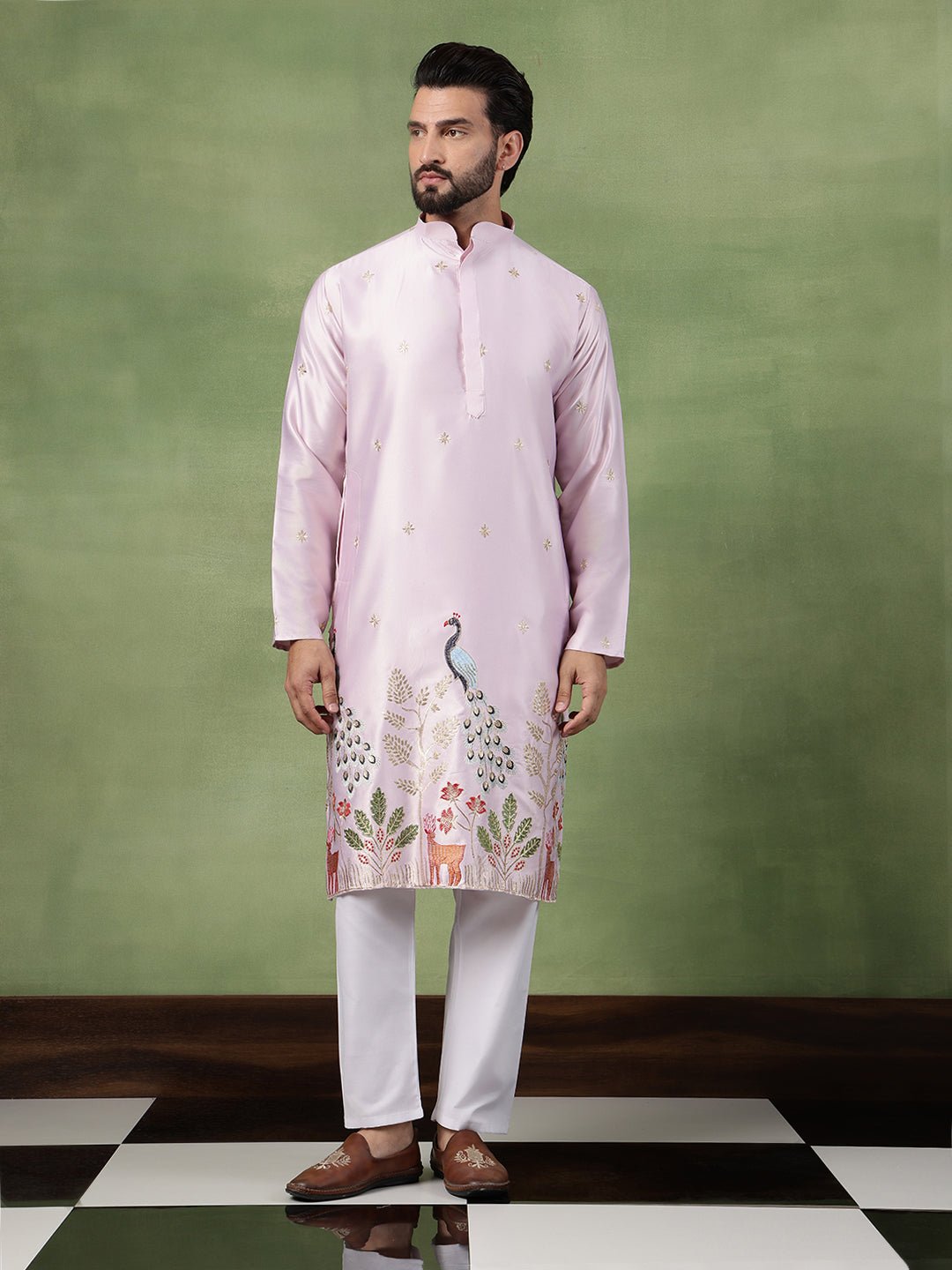 Men's Cotton Silk Flora & Fauna Embroidered Pink Kurta With Pyjama - Image 3