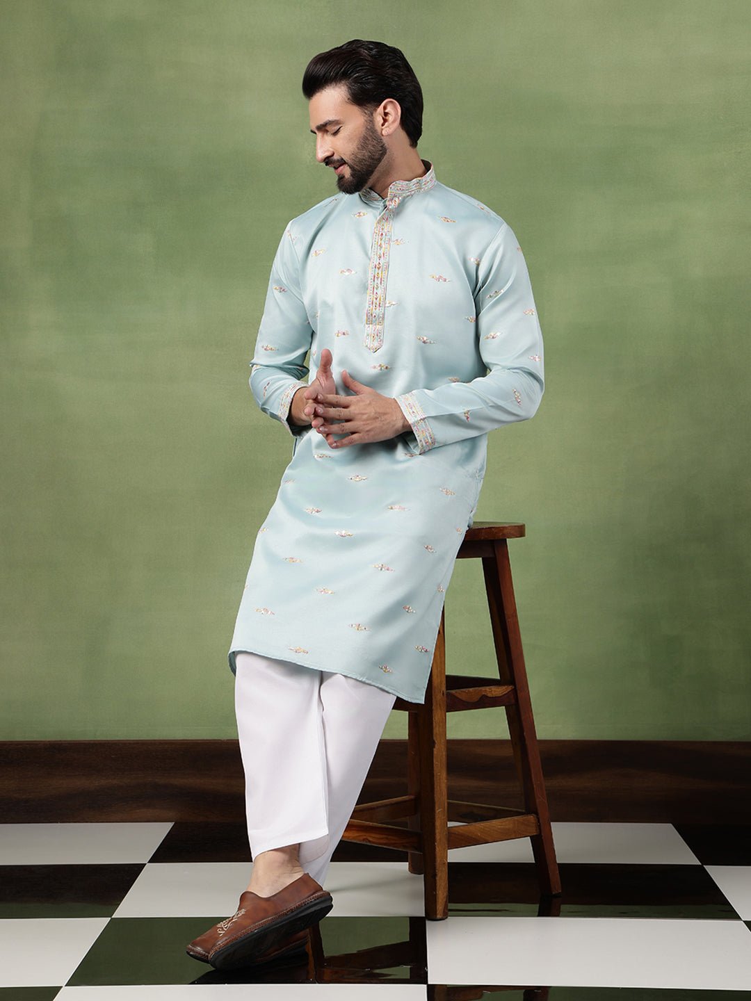 Men's Cotton Embroidered Ethnic Motif Sky Blue Kurta With Pyjama - Image 3