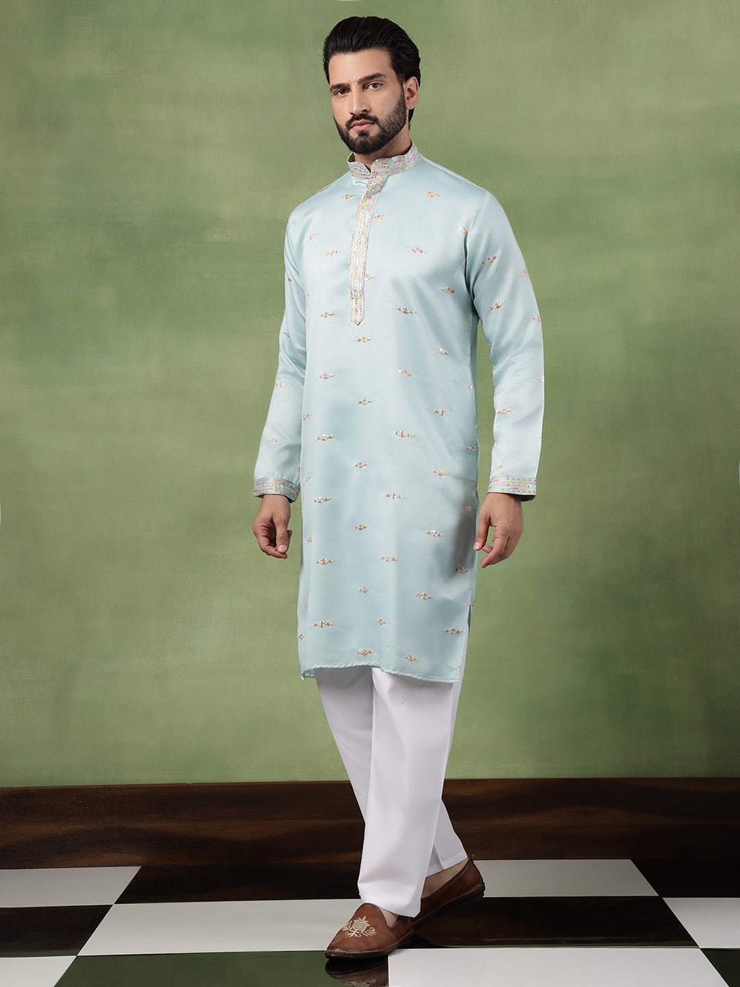 Men's Cotton Embroidered Ethnic Motif Sky Blue Kurta With Pyjama - Image 5