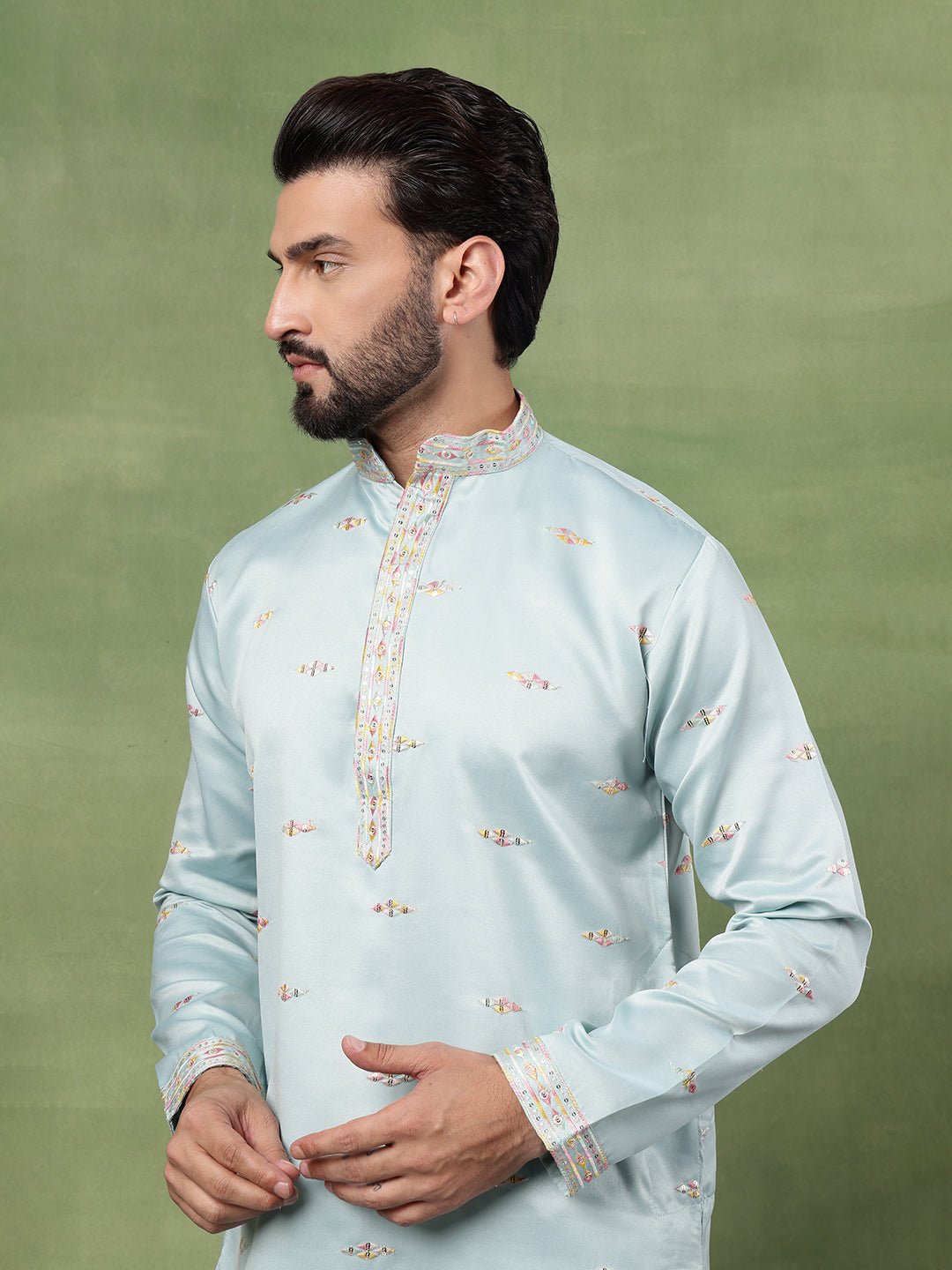 Men's Cotton Embroidered Ethnic Motif Sky Blue Kurta With Pyjama - Image 7