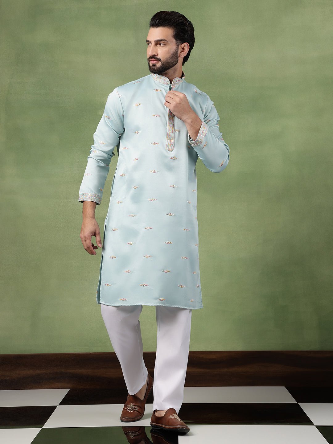 Men's Cotton Embroidered Ethnic Motif Sky Blue Kurta With Pyjama - Image 2