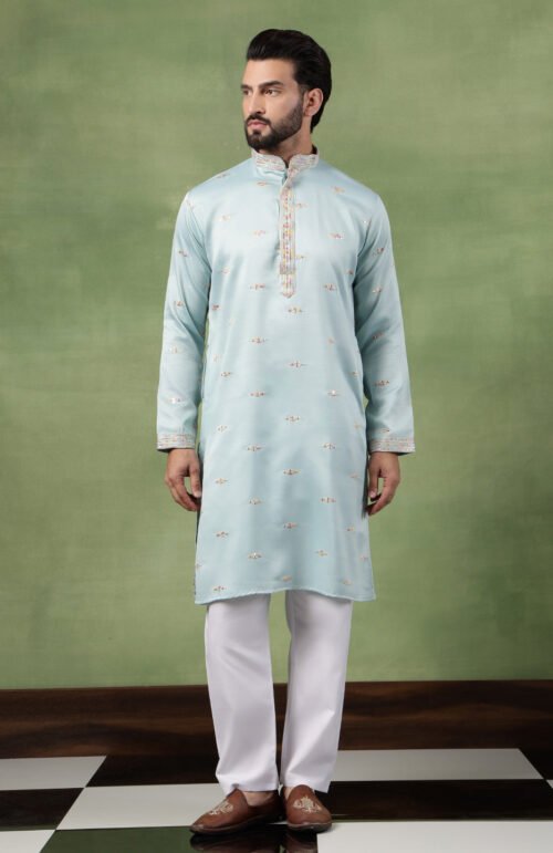 Men's Cotton Embroidered Ethnic Motif Sky Blue Kurta With Pyjama