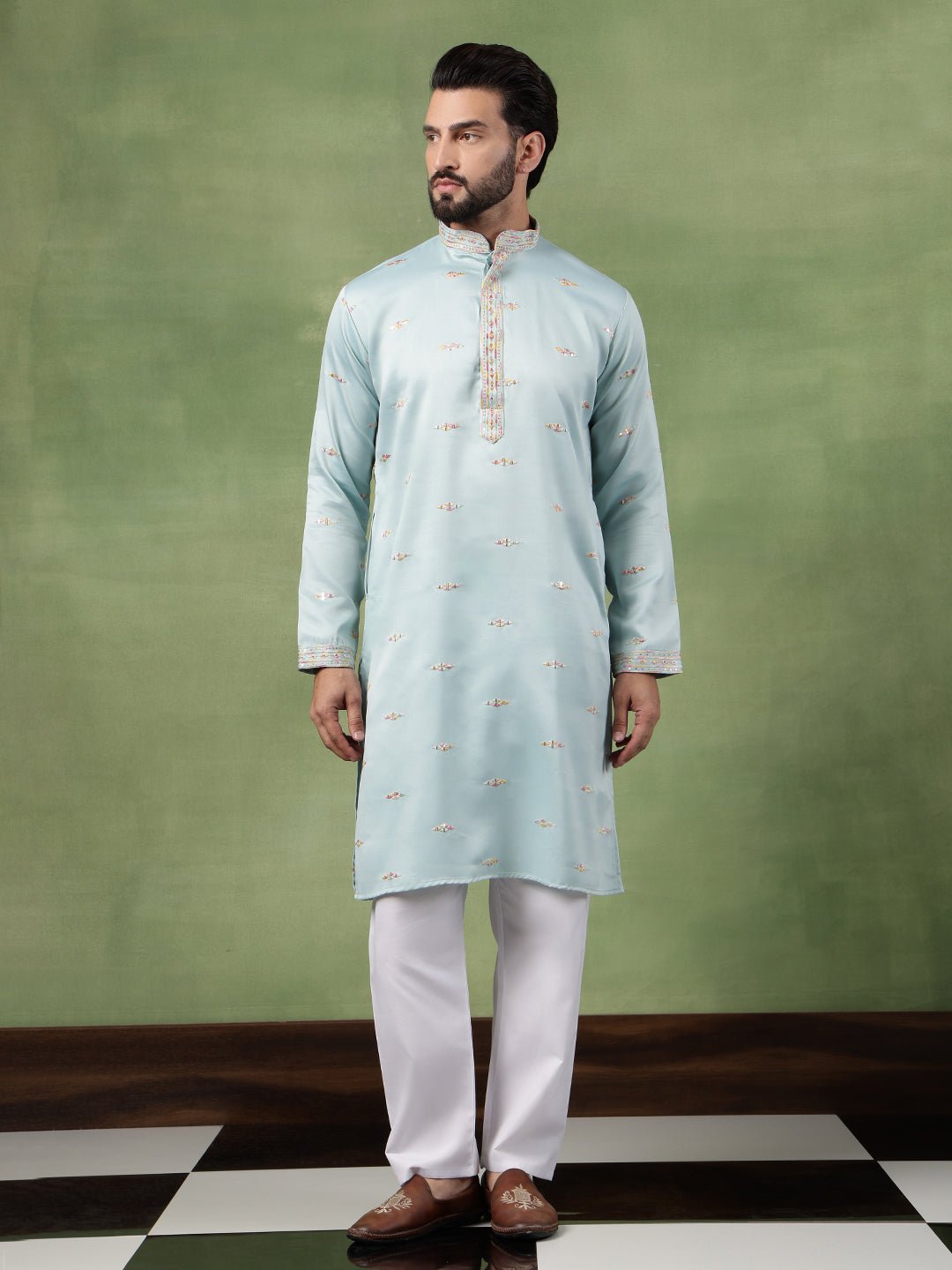 Men's Cotton Embroidered Ethnic Motif Sky Blue Kurta With Pyjama