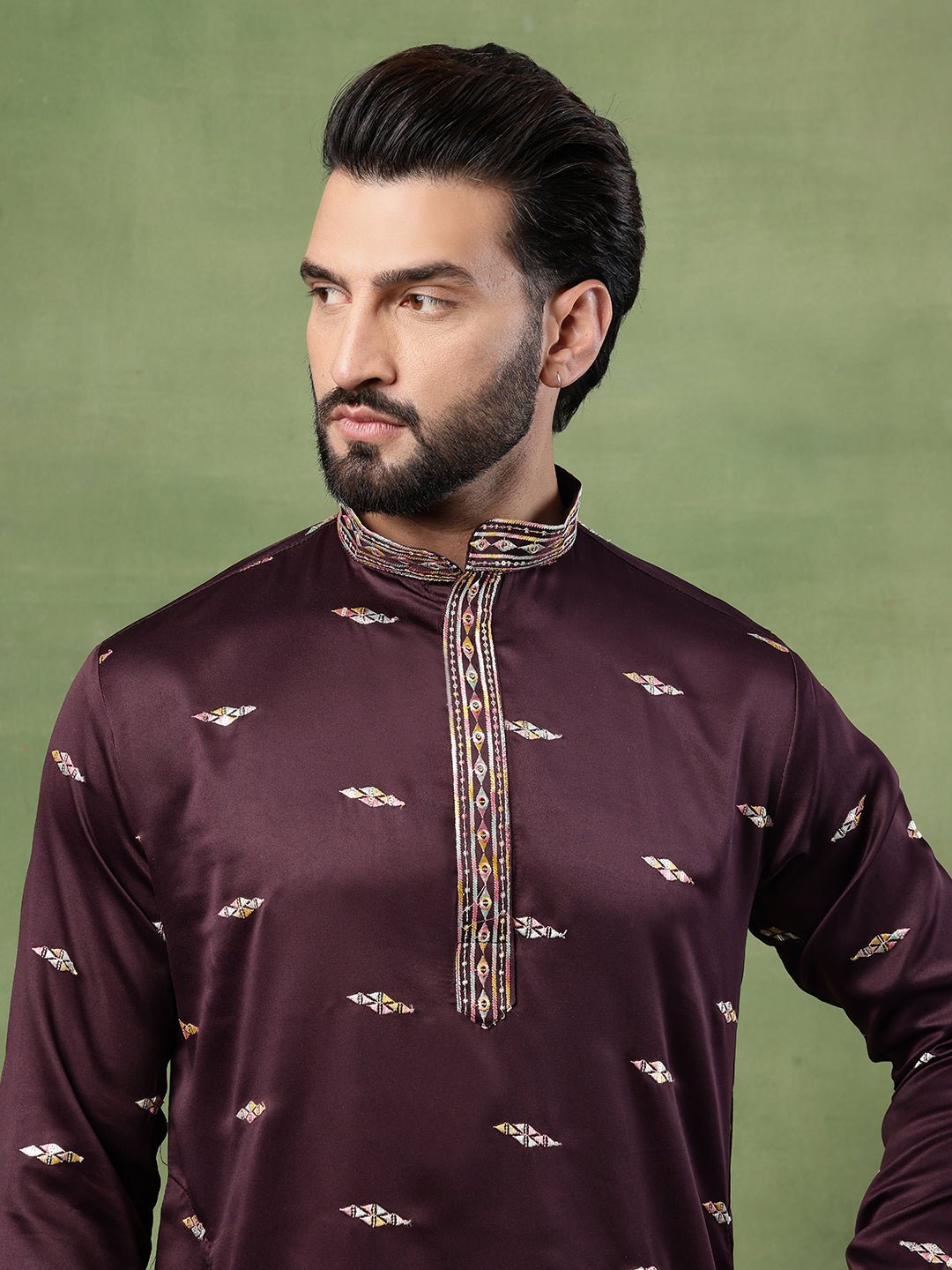 Men's Cotton Embroidered Ethnic Motif Wine Kurta With Pyjama - Image 7