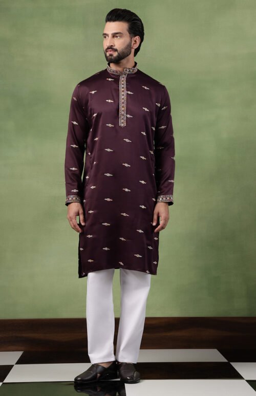 Men's Cotton Embroidered Ethnic Motif Wine Kurta With Pyjama