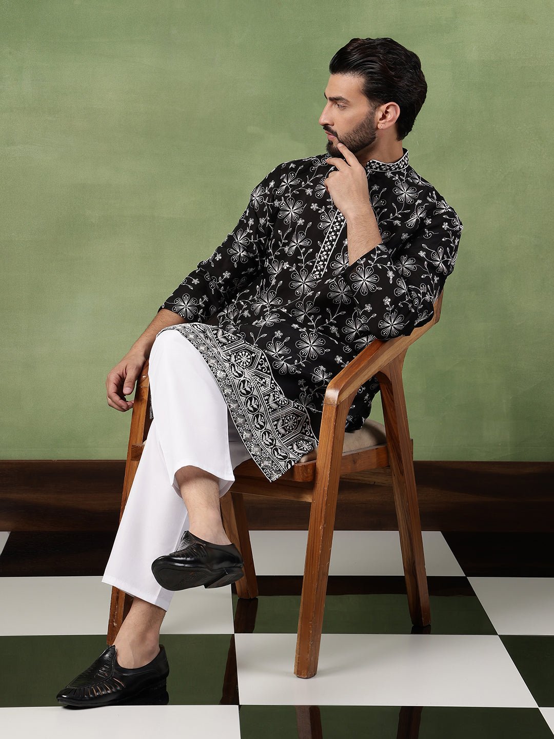 Men's Cotton All Over Floral Embroidered Black Kurta With Pyjama - Image 5