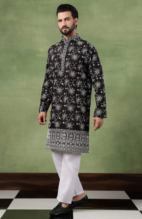Men's Cotton All Over Floral Embroidered Black Kurta With Pyjama