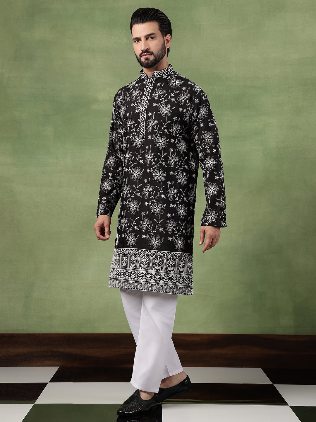 Men's Cotton All Over Floral Embroidered Black Kurta With Pyjama