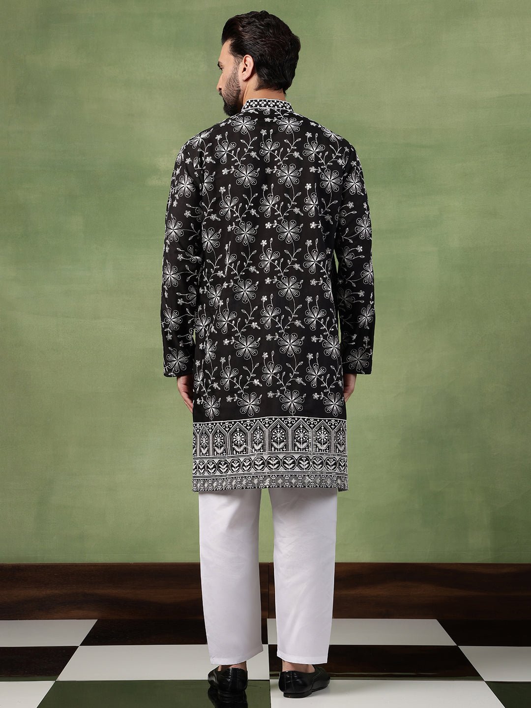 Men's Cotton All Over Floral Embroidered Black Kurta With Pyjama - Image 2