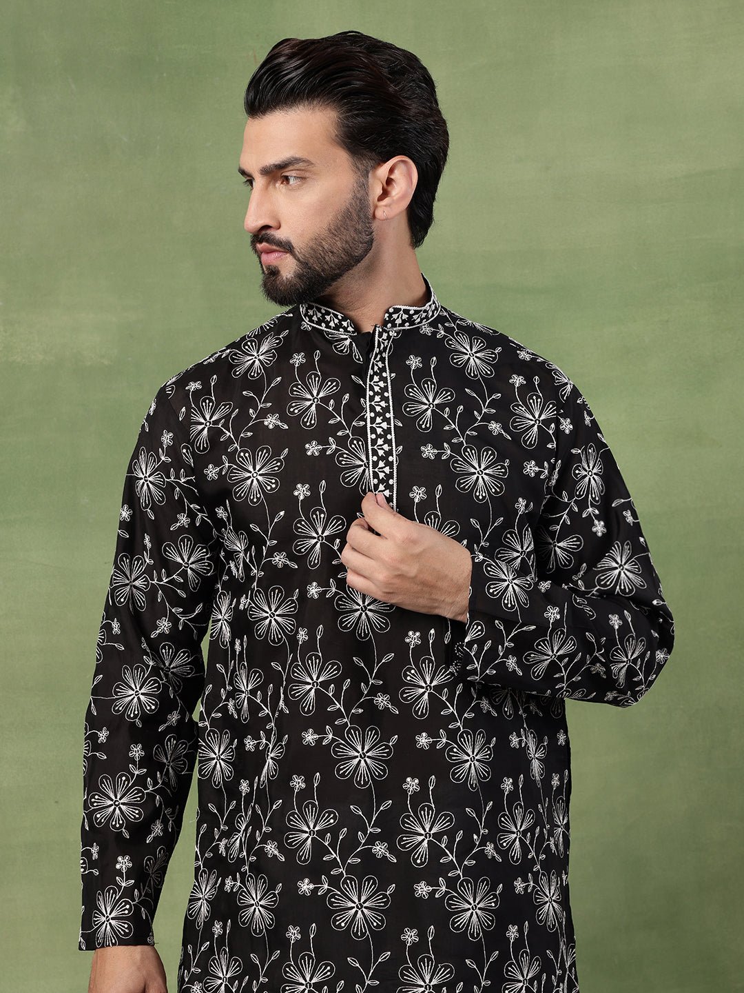 Men's Cotton All Over Floral Embroidered Black Kurta With Pyjama - Image 6