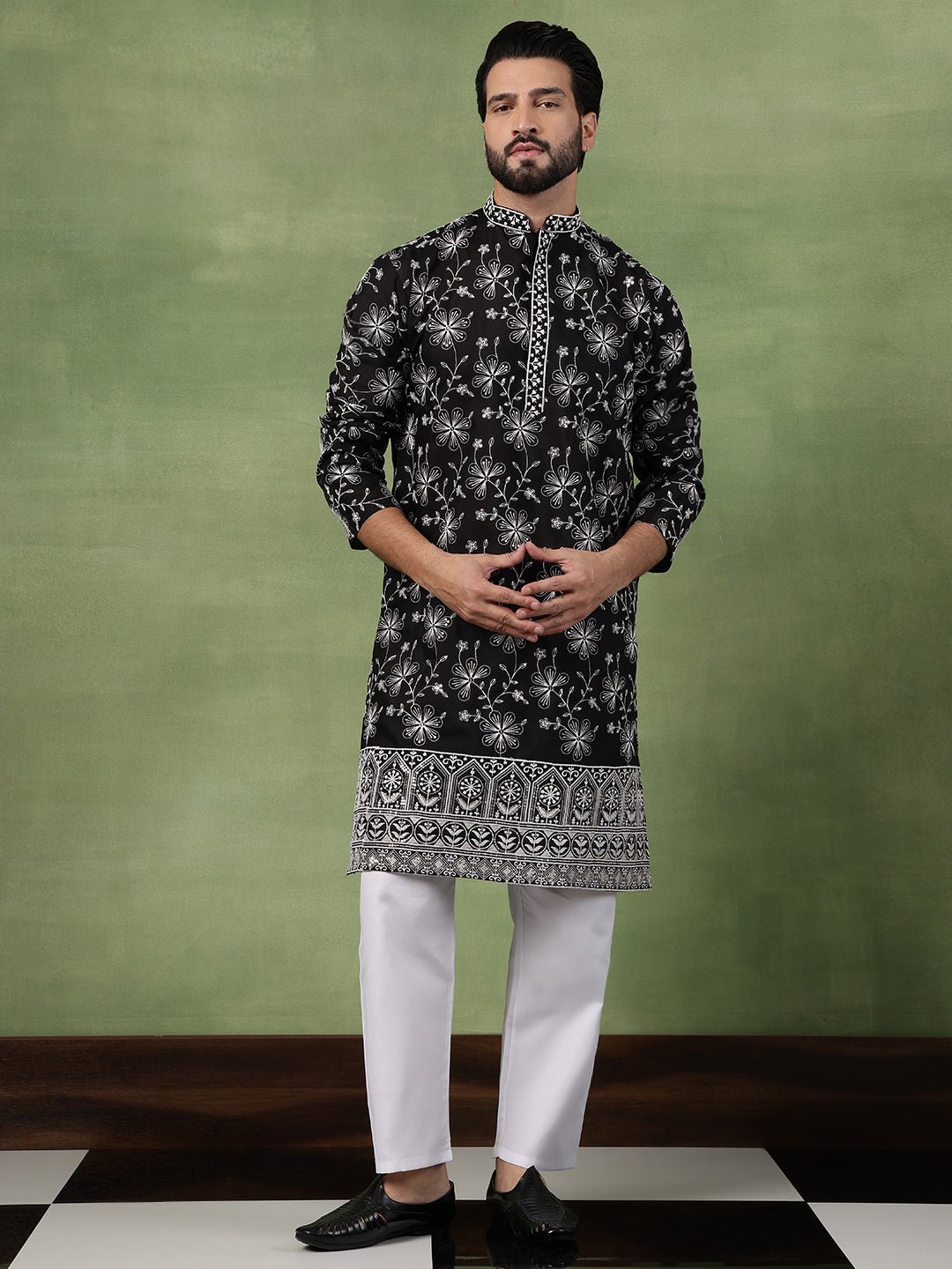 Men's Cotton All Over Floral Embroidered Black Kurta With Pyjama - Image 3