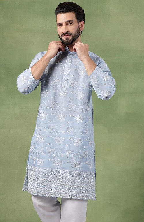 Men's Cotton Blue Long Kurta with All over floral Embroidery