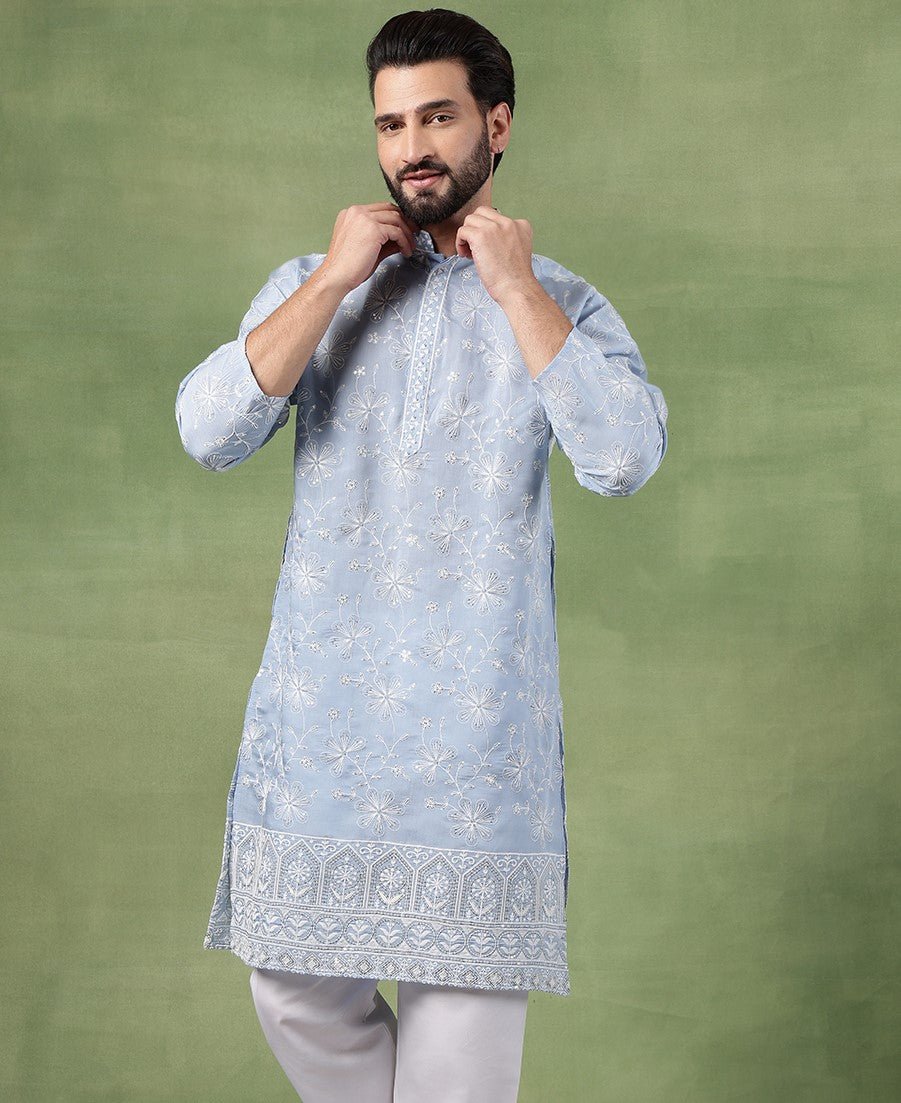 Men's Cotton Blue Long Kurta with All over floral Embroidery
