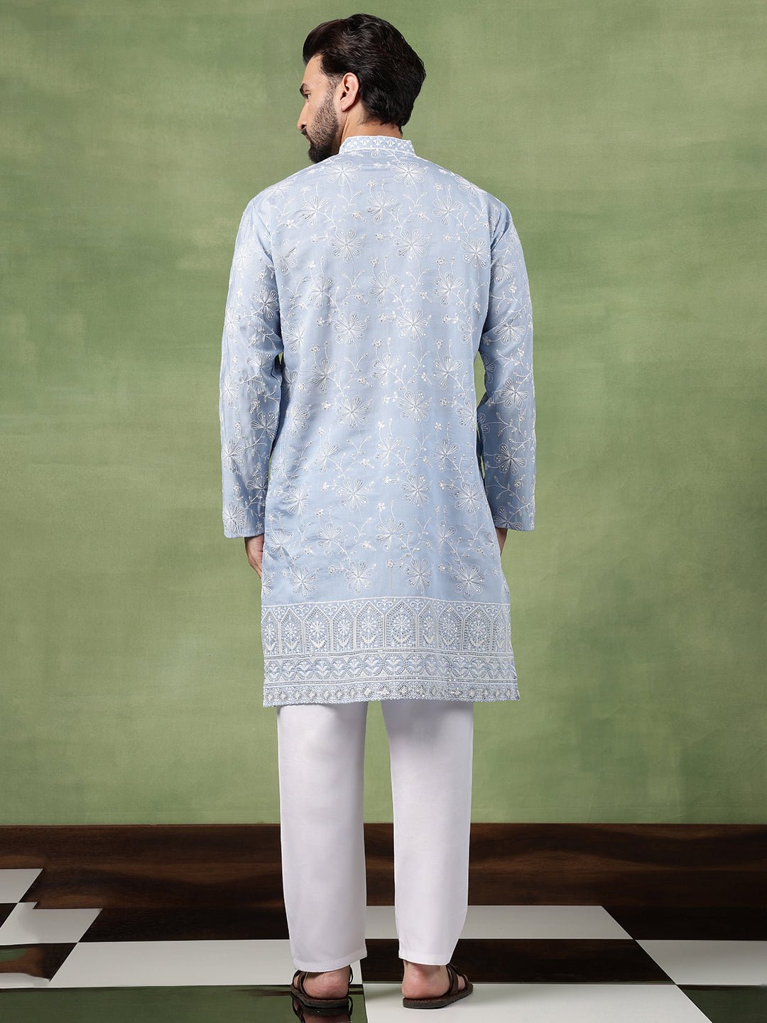 Men's Cotton Blue Long Kurta with All over floral Embroidery - Image 3