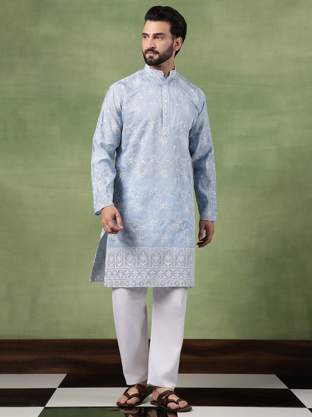 Men's Cotton Blue Long Kurta with All over floral Embroidery - Image 2