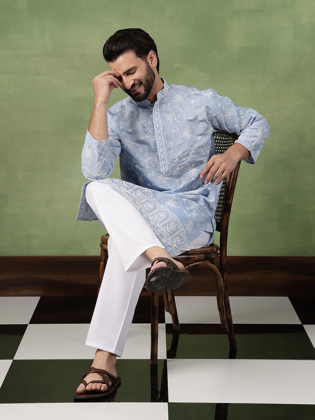 Men's Cotton All Over Floral Embroidered Blue Kurta With Pyjama - Image 2