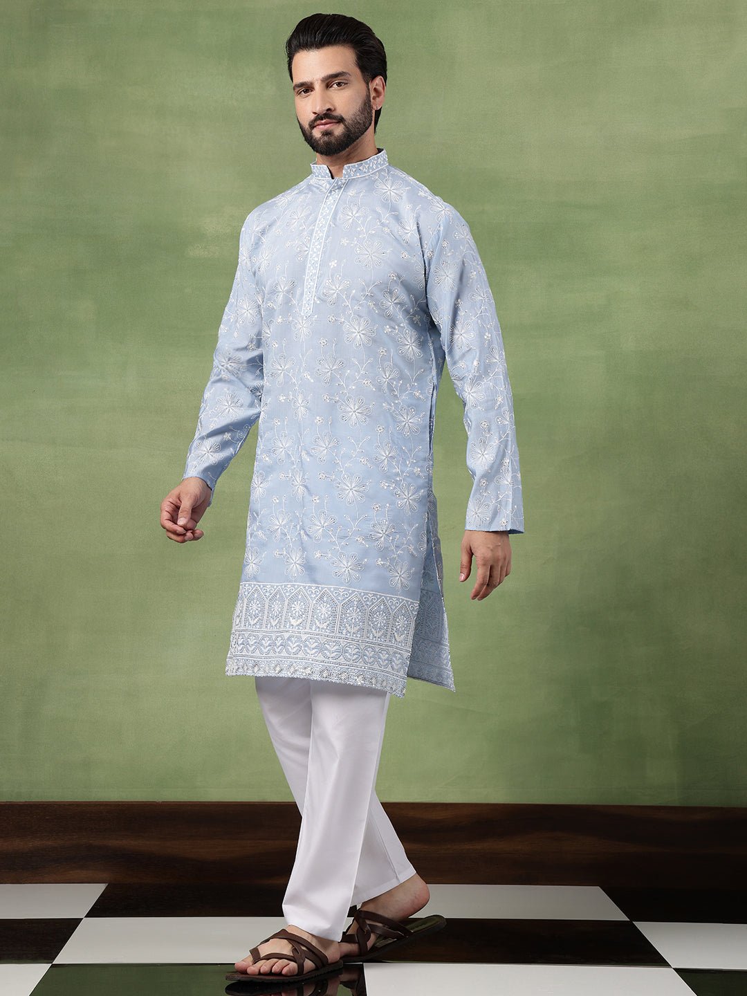 Men's Cotton All Over Floral Embroidered Blue Kurta With Pyjama - Image 4