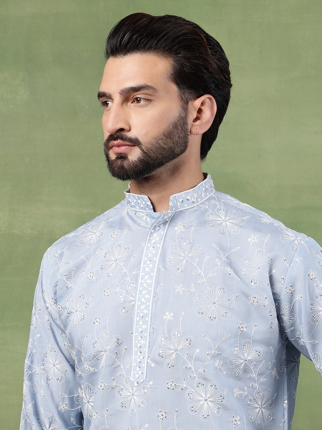 Men's Cotton All Over Floral Embroidered Blue Kurta With Pyjama - Image 6