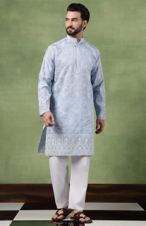 Men's Cotton All Over Floral Embroidered Blue Kurta With Pyjama