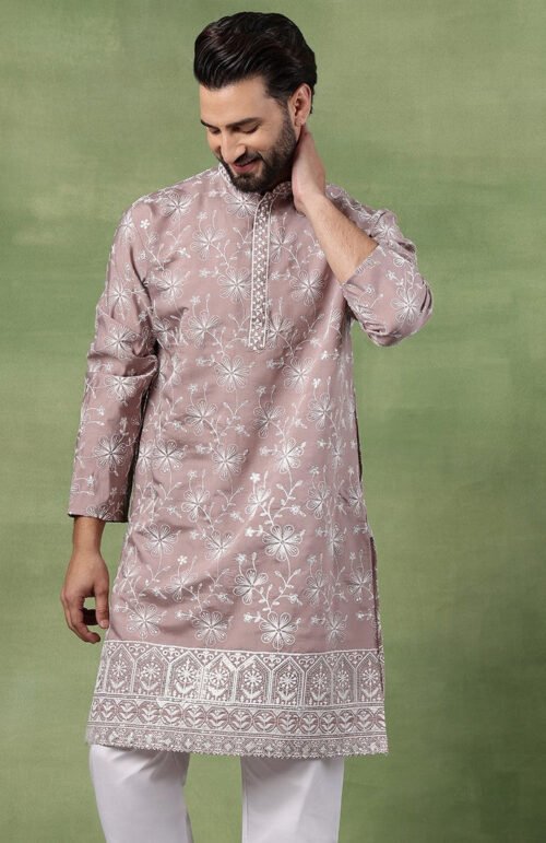 Men's Cotton Pink Long Kurta with All over floral Embroidery