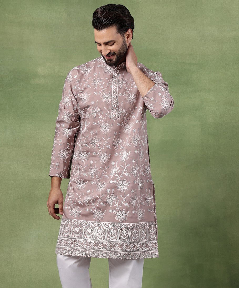 Men's Cotton Pink Long Kurta with All over floral Embroidery