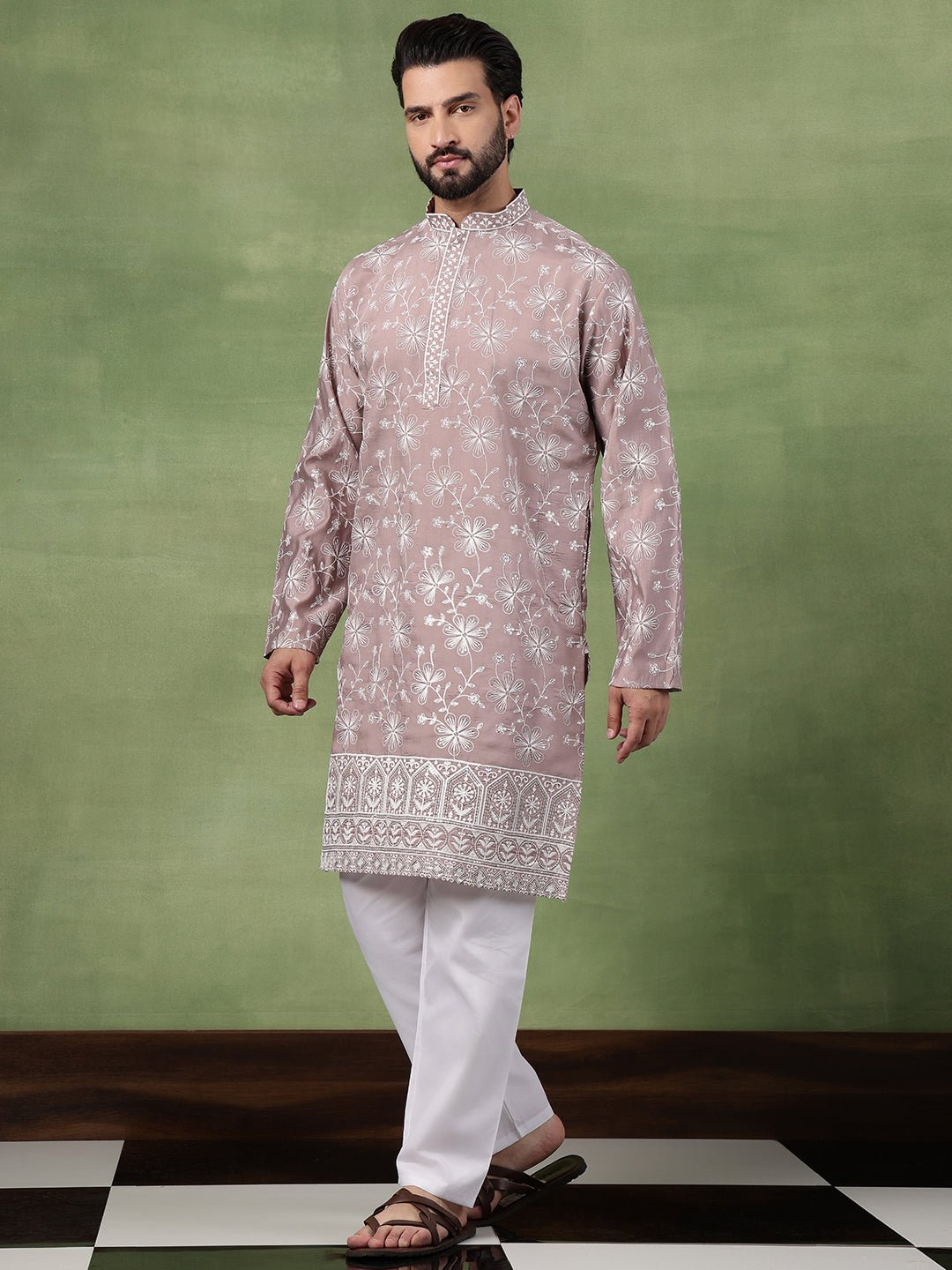 Men's Cotton Pink Long Kurta with All over floral Embroidery - Image 2