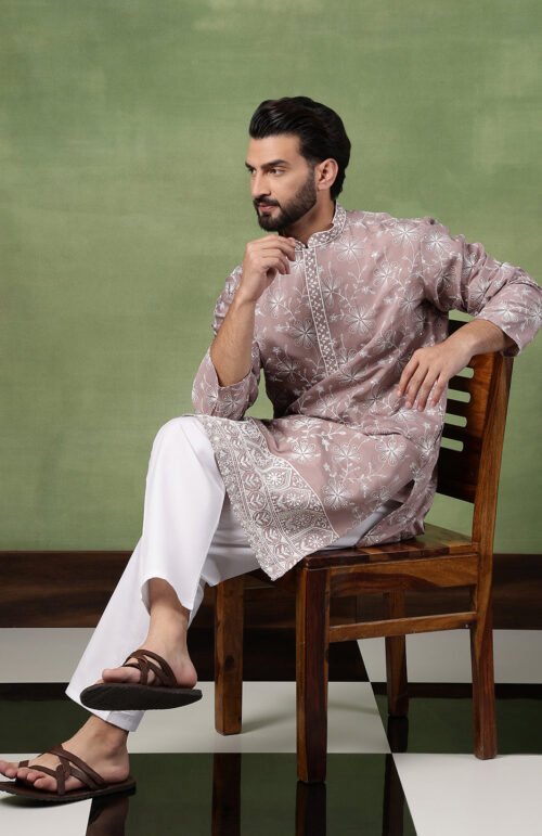 Men's Cotton All Over Floral Embroidered Pink Kurta With Pyjama