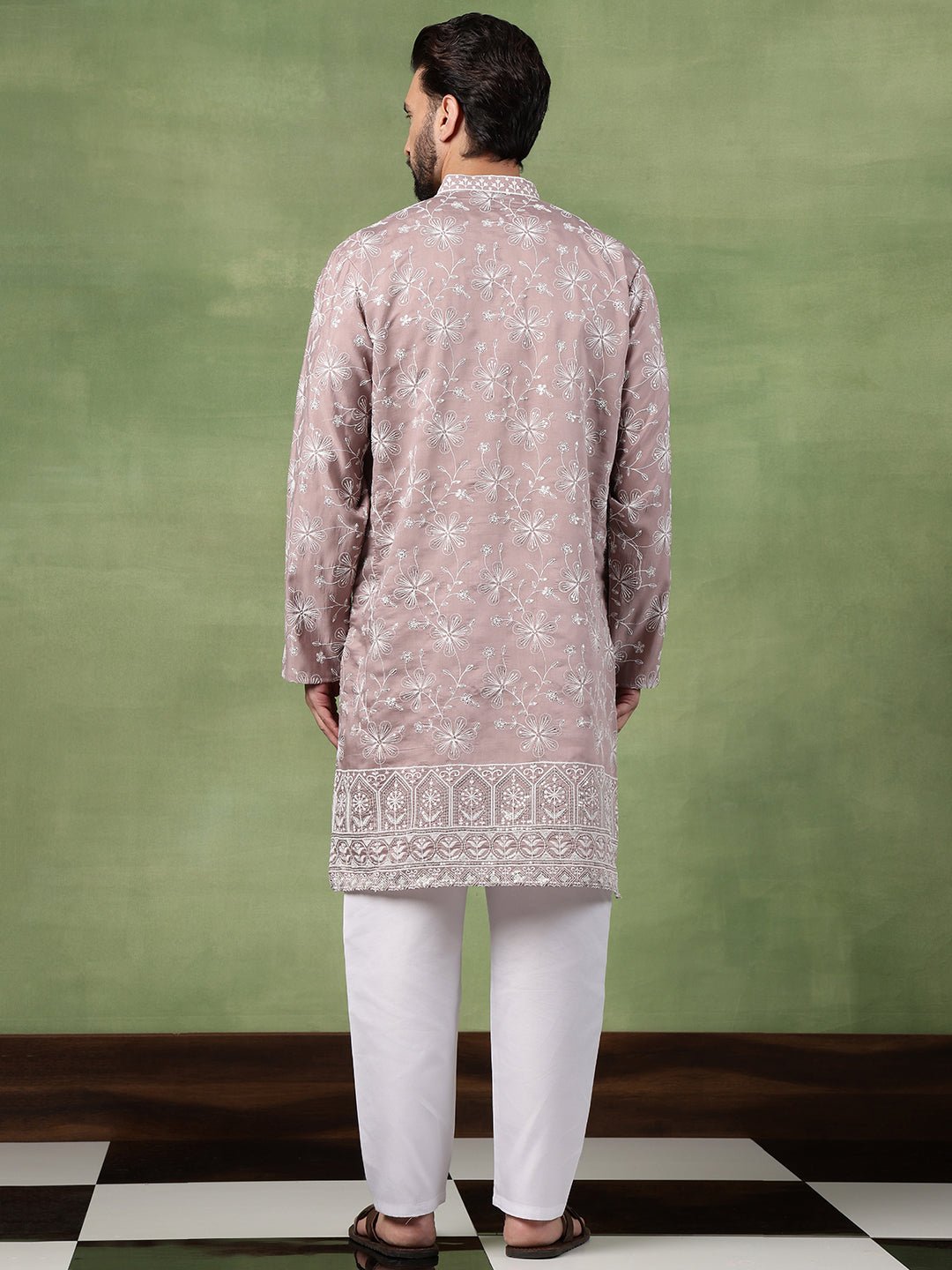 Men's Cotton All Over Floral Embroidered Pink Kurta With Pyjama - Image 4