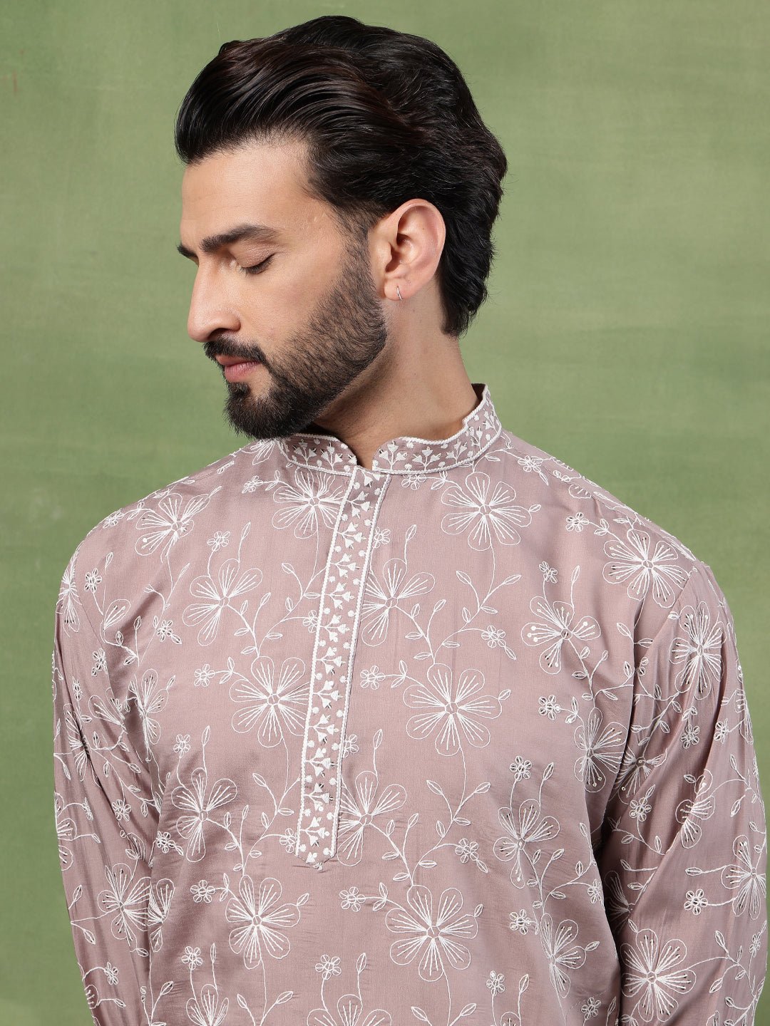 Men's Cotton All Over Floral Embroidered Pink Kurta With Pyjama - Image 6