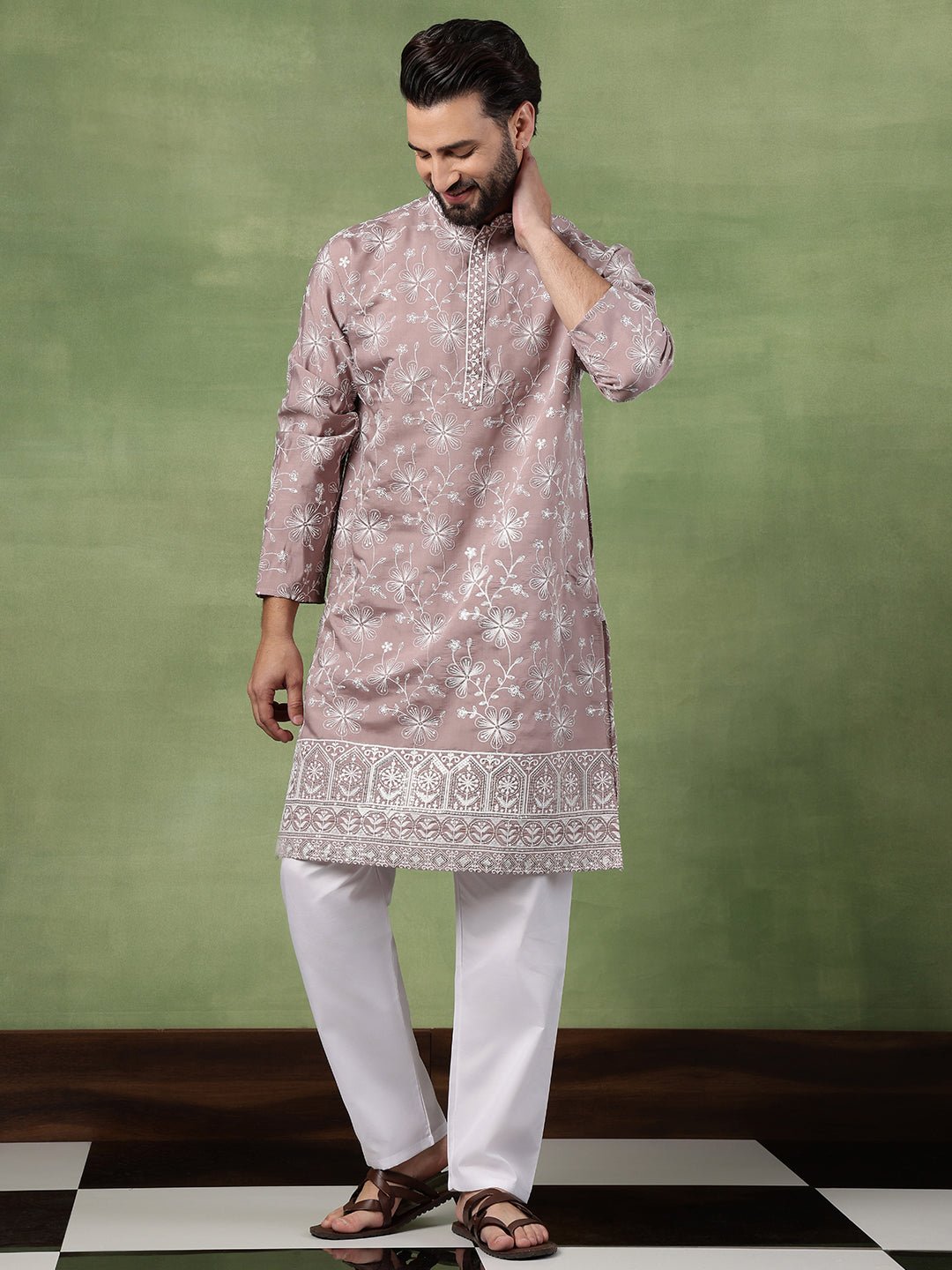 Men's Cotton All Over Floral Embroidered Pink Kurta With Pyjama - Image 2